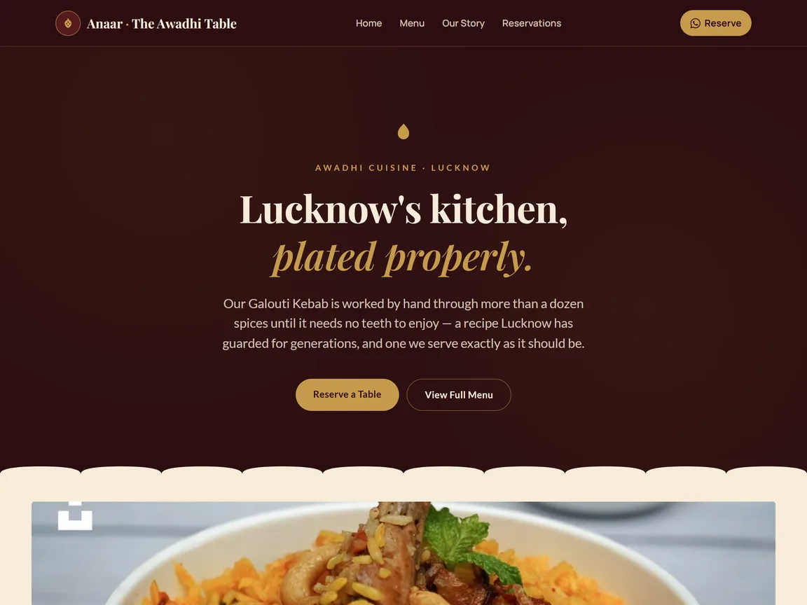Anaar — The Awadhi Table — actual restaurants website preview