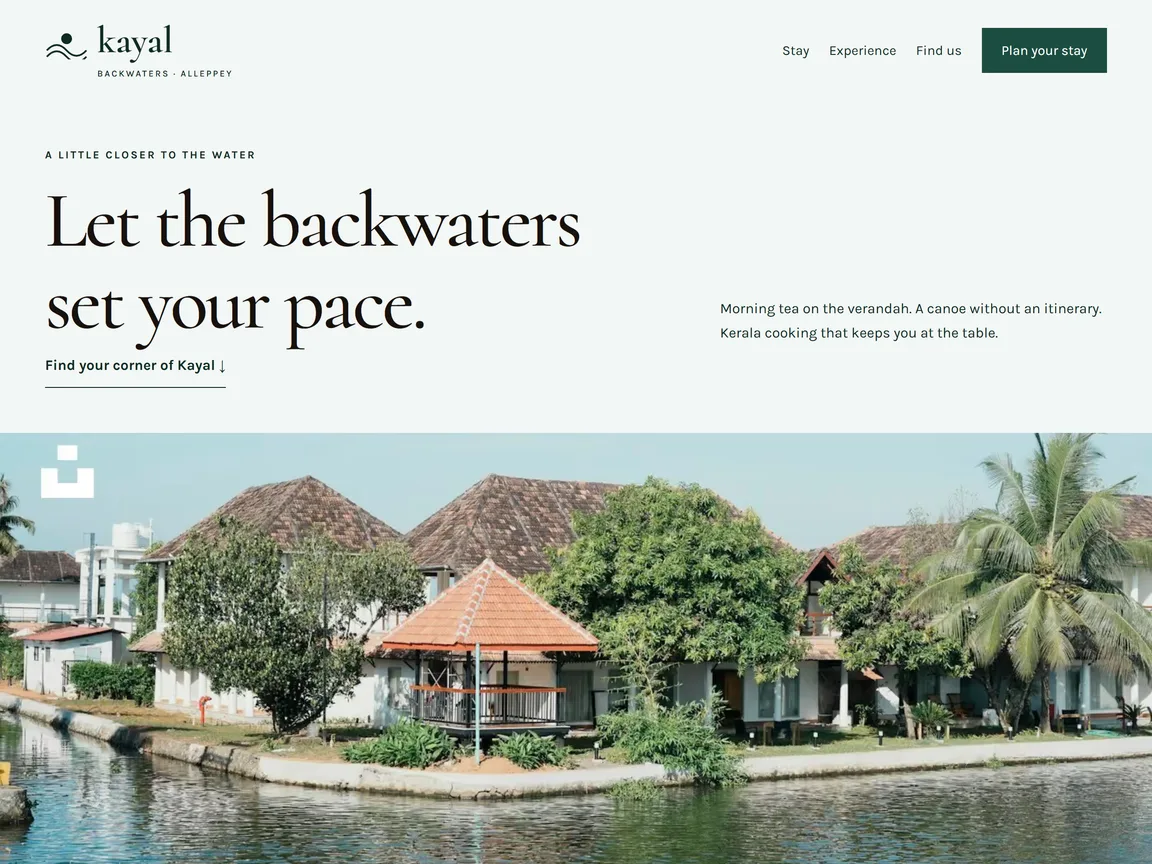 Kayal Backwaters Resort — actual hotels & resorts website preview
